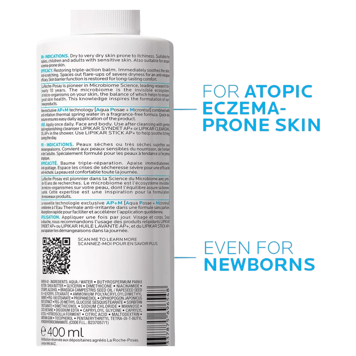 Lumina Pharmacy La Roche-Posay Lipikar Baume AP+M 400ml bottle back label with product information and ingredients