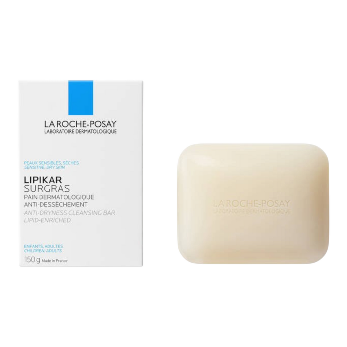 Lumina Pharmacy La Roche-Posay Lipikar Cleansing Bar for dry, sensitive skin in white packaging with soap bar