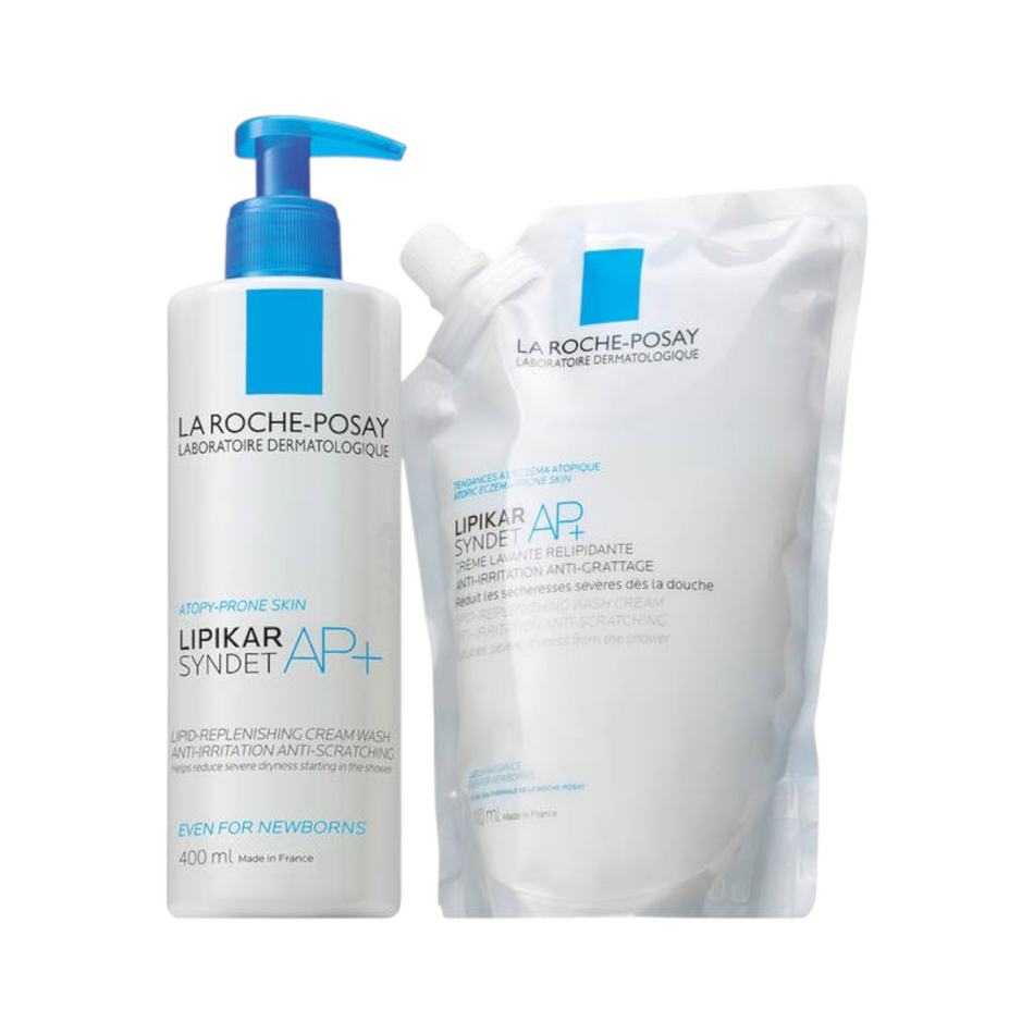 Lumina Pharmacy La Roche-Posay Lipikar Syndet AP+ cream wash bottle and 400ml refill pouch for sensitive skin.