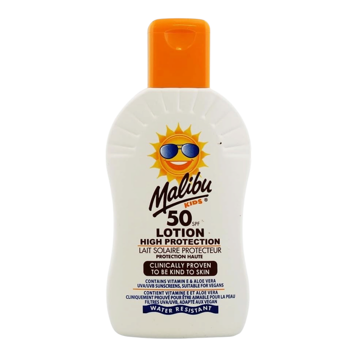 Lumina Pharmacy Malibu Kids SPF50 sunscreen lotion bottle with orange cap for high UVA and UVB protection