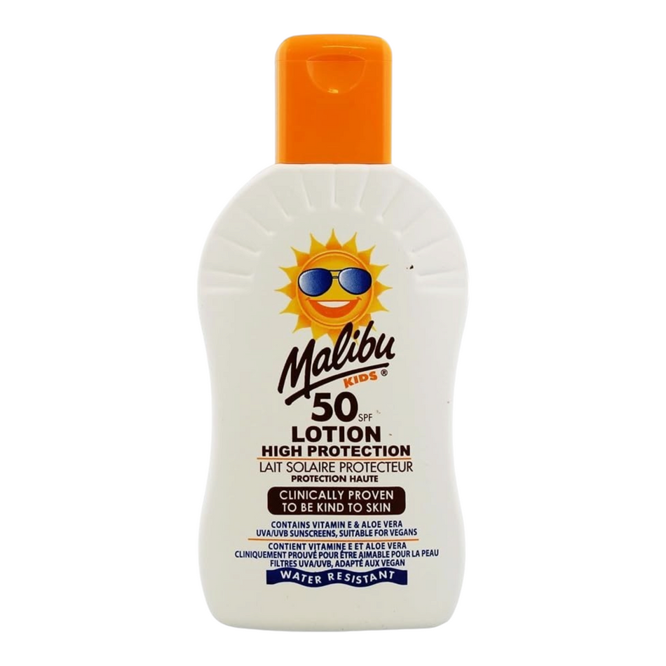 Lumina Pharmacy Malibu Kids SPF50 sunscreen lotion bottle with orange cap for high UVA and UVB protection