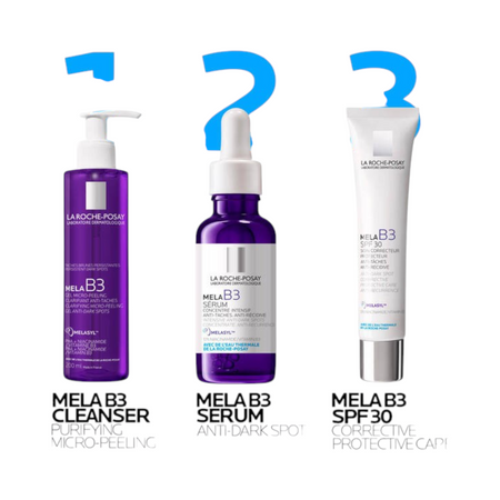 Lumina Pharmacy La Roche-Posay Mela B3 skincare range featuring cleanser, serum, and SPF 30 moisturiser bottles.