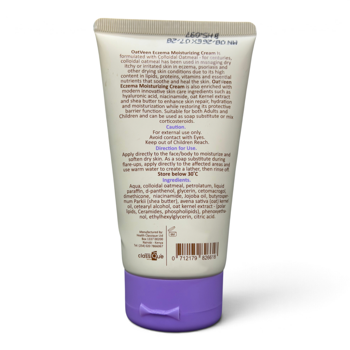 Lumina Pharmacy Oatveen Eczema Moisturizing Cream tube back label with ingredients and usage instructions