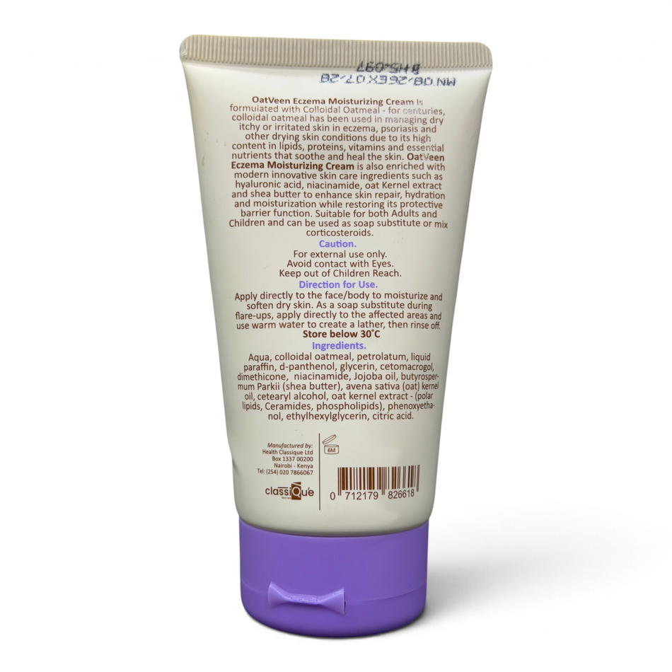 Lumina Pharmacy Oatveen Eczema Moisturizing Cream tube back label with ingredients and usage instructions