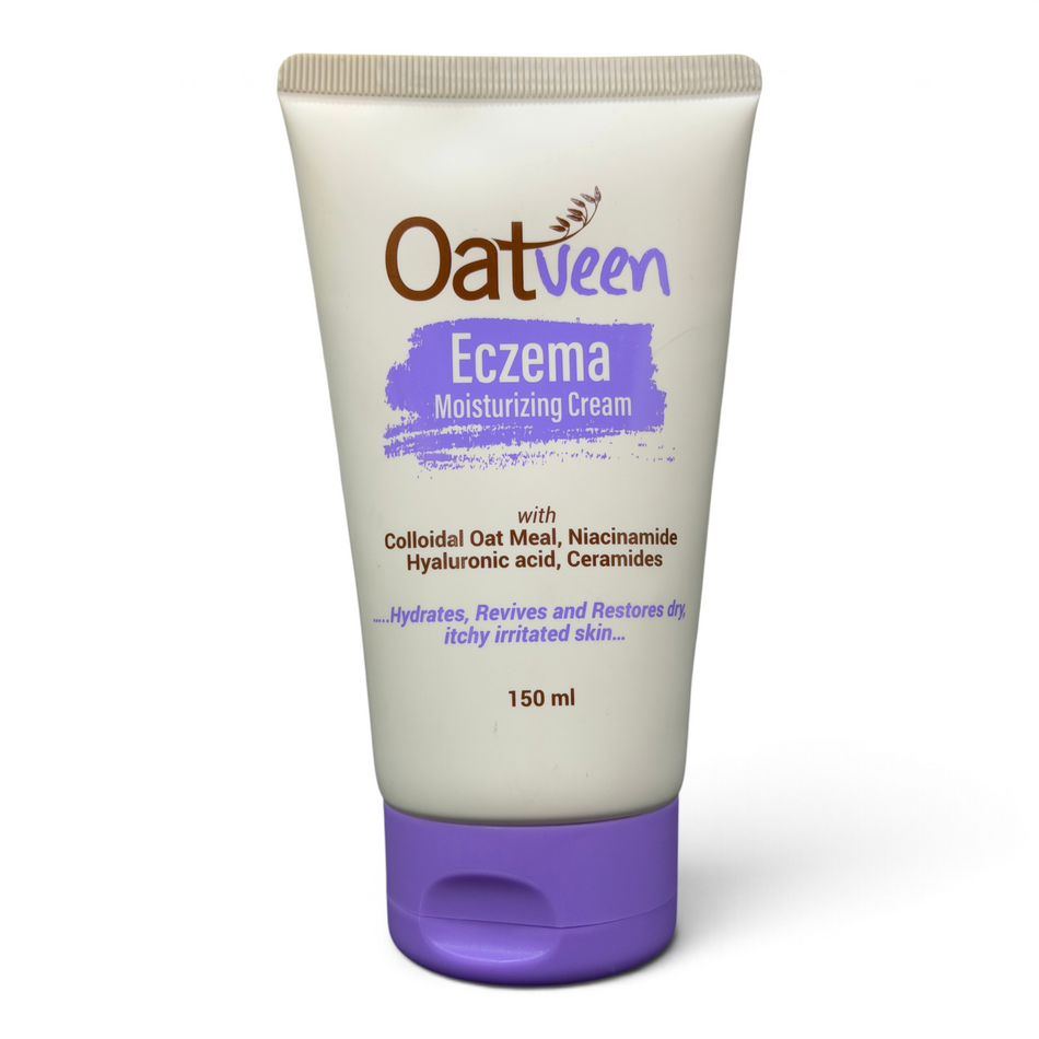 Lumina Pharmacy Oatveen Eczema Moisturizing Cream in a 150ml white tube with purple cap for dry and itchy skin