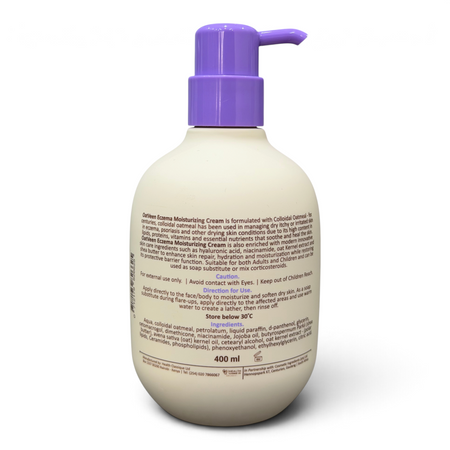 Lumina Pharmacy Oatveen Eczema Moisturizing Cream 400ml bottle with purple pump dispenser showing product label details