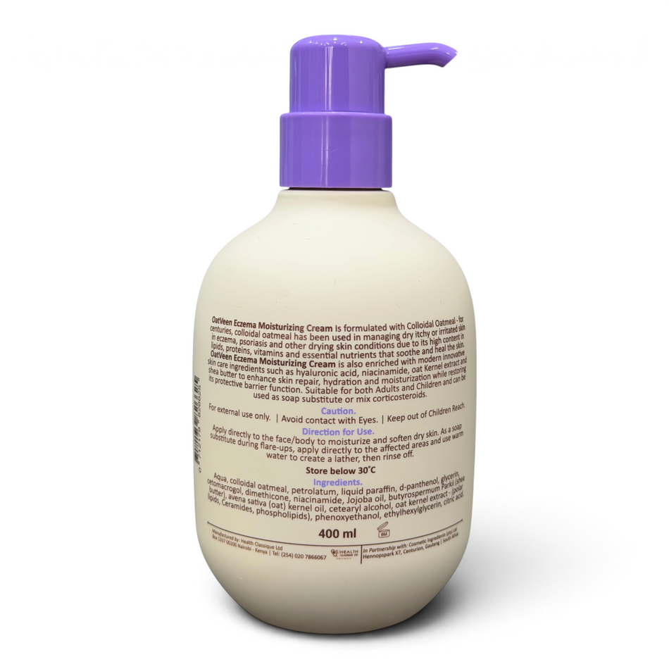 Lumina Pharmacy Oatveen Eczema Moisturizing Cream 400ml bottle with purple pump dispenser showing product label details