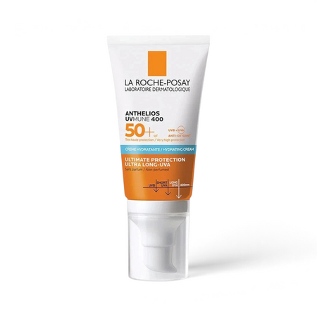 LYX La Roche-Posay Anthelios UVMUNE 400 SPF 50+ hydrating face sunscreen in a white and orange squeeze tube