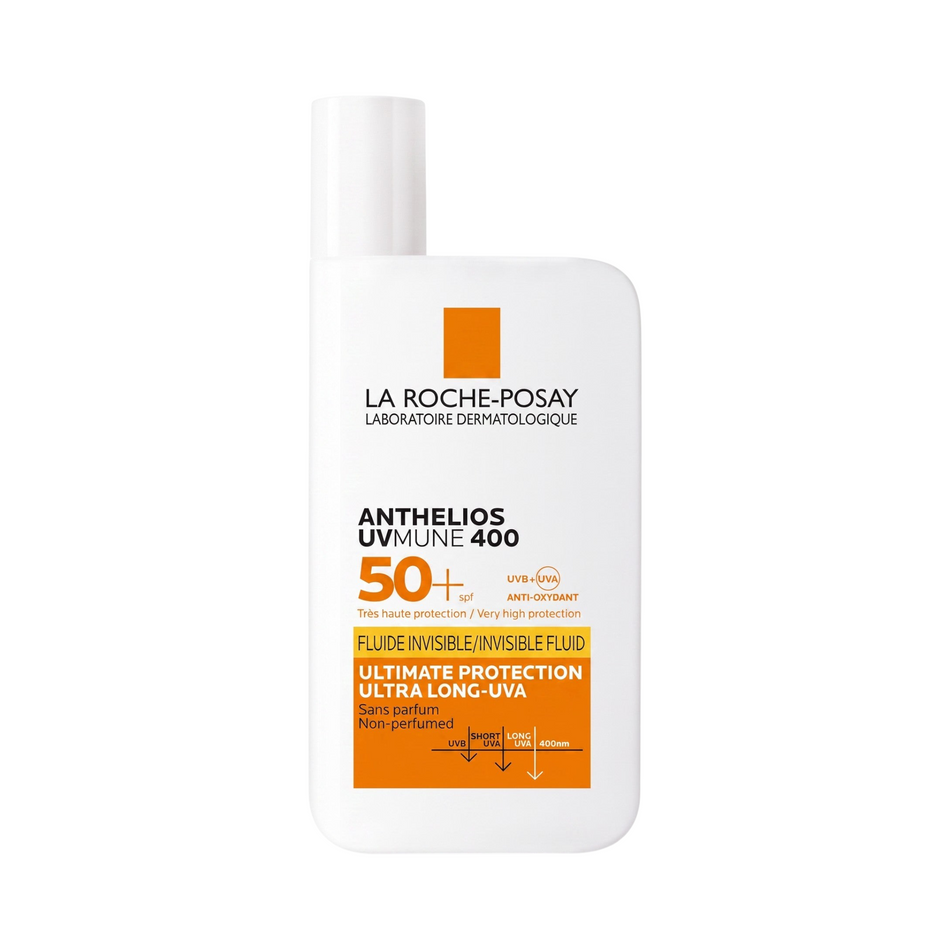LYX La Roche-Posay Anthelios UVMune 400 SPF 50+ invisible fluid sunscreen bottle on a white background