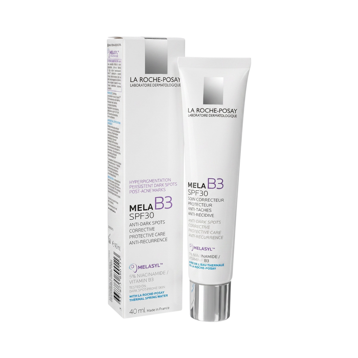 LYX La Roche-Posay Mela B3 SPF30 corrective cream in a white tube and box for dark spots and post-acne marks.