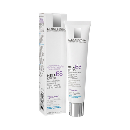 LYX La Roche-Posay Mela B3 SPF30 corrective cream in a white tube and box for dark spots and post-acne marks.